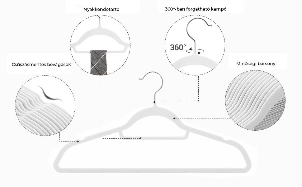 SONGMICS Csúszásmentes bársony vállfák 50 db, fehér